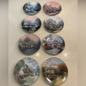 Thomas Kinkade Cottage Scene Plates - Blue, Pink, Green, Red